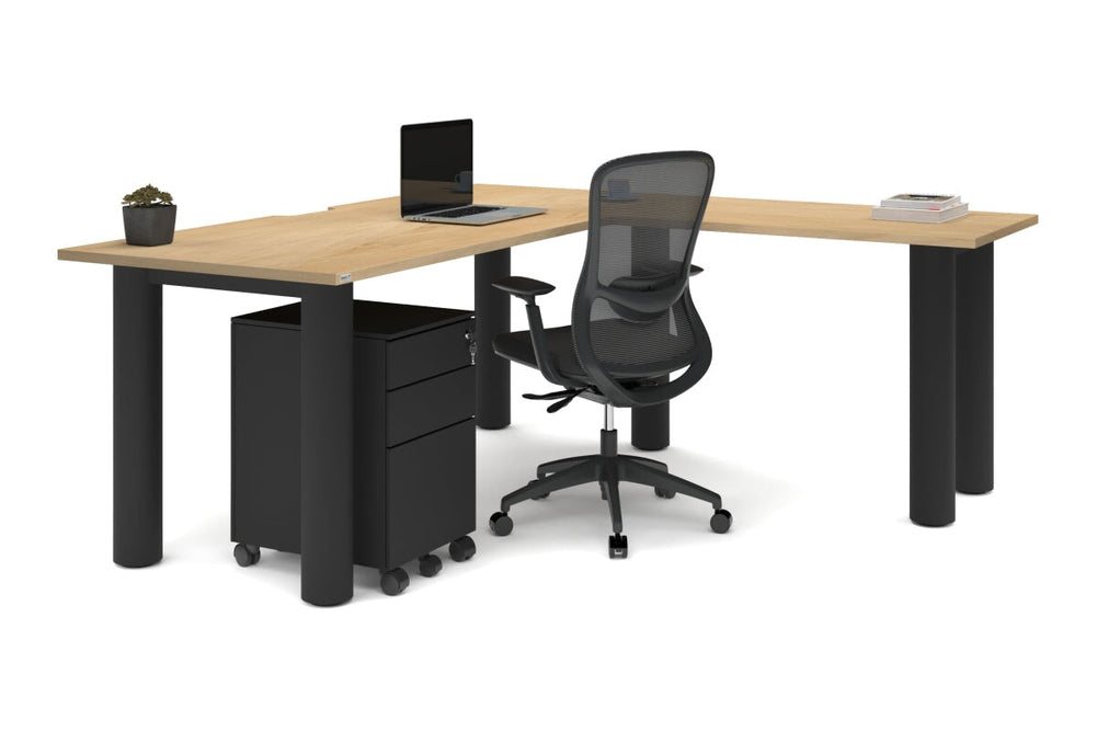 Quadro Cylinder Leg - L Shaped Corner Office Desk  [1800L x 1800W with Cable Scallop]-black leg dark oak metal modesty panel