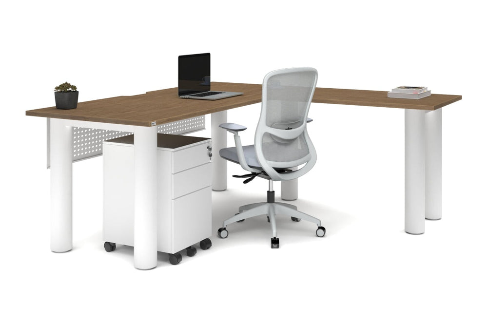Quadro Cylinder Leg - L Shaped Corner Office Desk  [1800L x 1800W with Cable Scallop]-black leg dark oak metal modesty panel