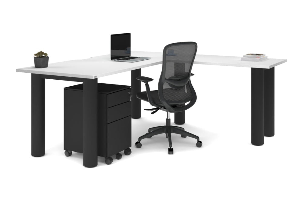 Quadro Cylinder Leg - L Shaped Corner Office Desk  [1800L x 1800W with Cable Scallop]-black leg dark oak metal modesty panel
