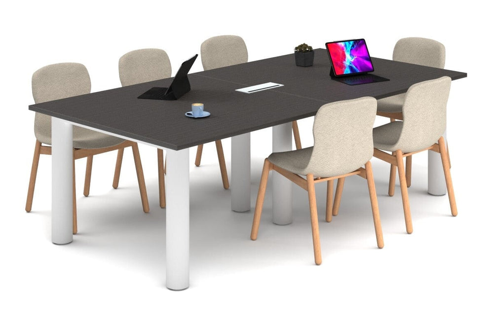 Quadro Cylinder Leg Modern Boardroom Rectangle Table [2400L x 1200W]-white leg dark oak power box
