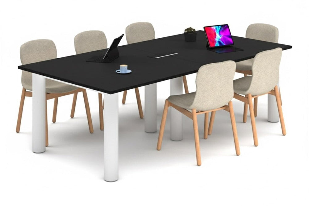 Quadro Cylinder Leg Modern Boardroom Rectangle Table [2400L x 1200W]-white leg black power box