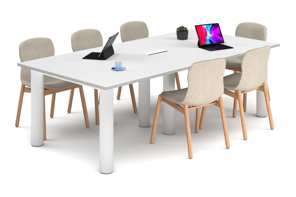 Quadro Cylinder Leg Modern Boardroom Rectangle Table [2400L x 1200W]-white leg white power box
