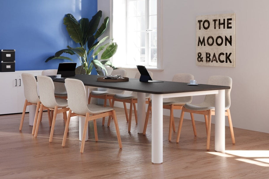 Environmental image of Quadro Cylinder Leg Modern Boardroom Rectangle Table - Rounded Corners [3200L x 1100W with Rounded Corners]