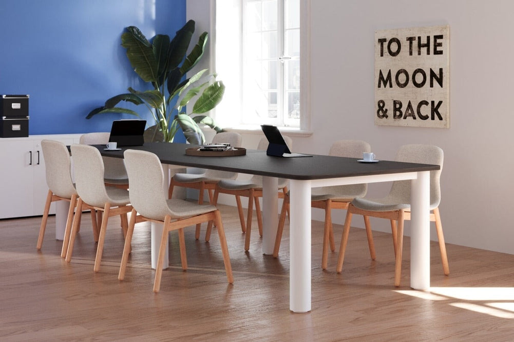 Quadro Cylinder Leg Modern Boardroom Rectangle Table - Rounded Corners [3200L x 1100W with Rounded Corners]-black leg dark oak power box