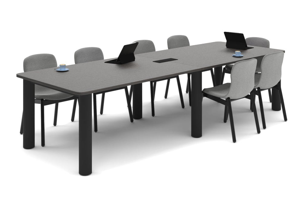 Quadro Cylinder Leg Modern Boardroom Rectangle Table - Rounded Corners [3200L x 1100W with Rounded Corners]-black leg dark oak power box