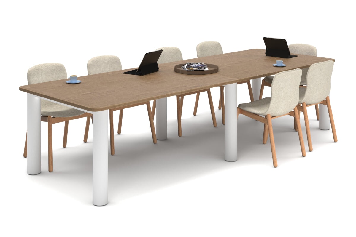 Quadro Cylinder Leg Modern Boardroom Rectangle Table - Rounded Corners [3200L x 1100W with Rounded Corners]-white leg salvage oak 