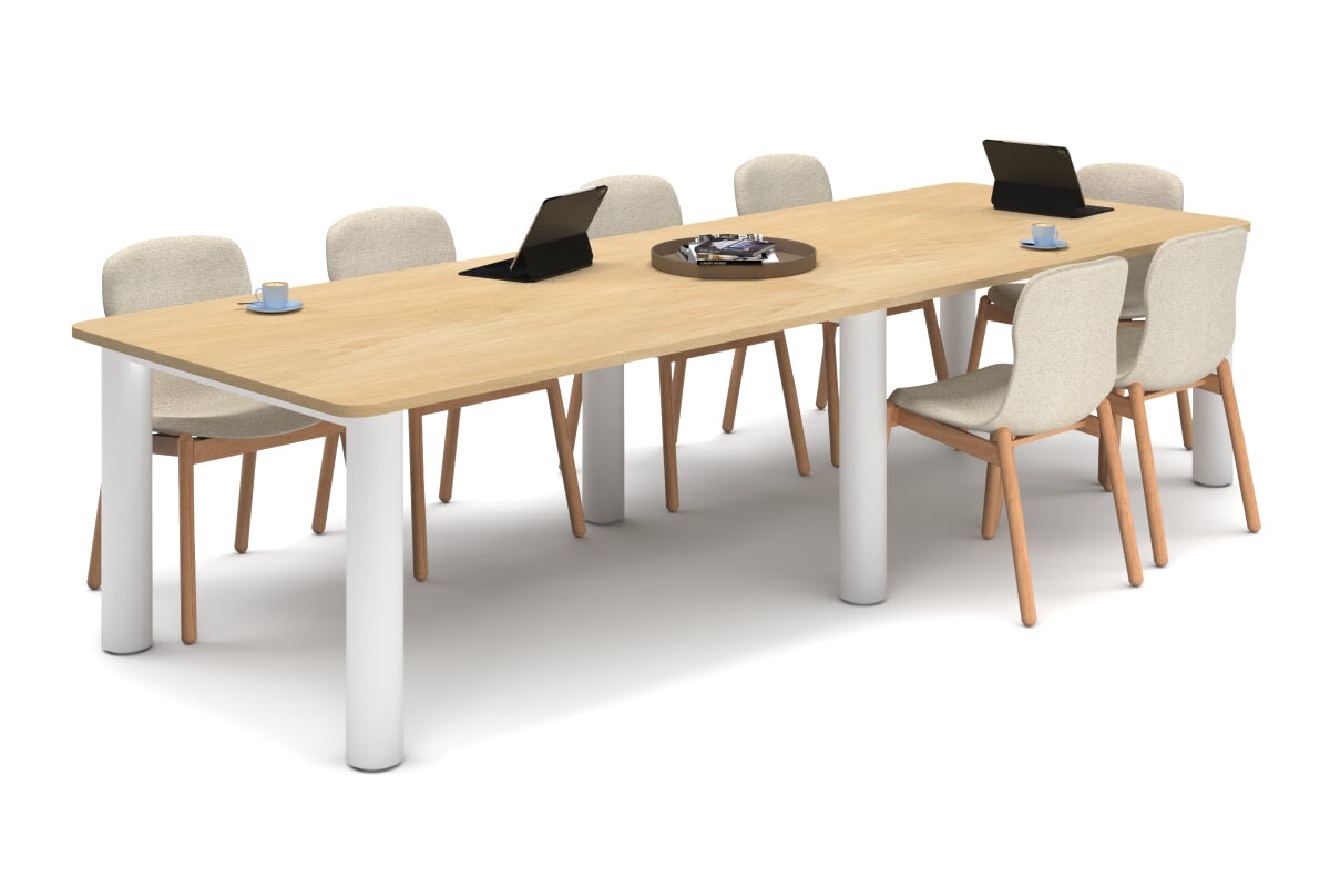 Quadro Cylinder Leg Modern Boardroom Rectangle Table - Rounded Corners [3200L x 1100W with Rounded Corners]-white leg maple 