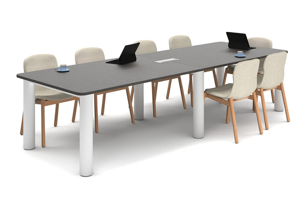 Quadro Cylinder Leg Modern Boardroom Rectangle Table - Rounded Corners [3200L x 1100W with Rounded Corners]-white leg dark oak power box
