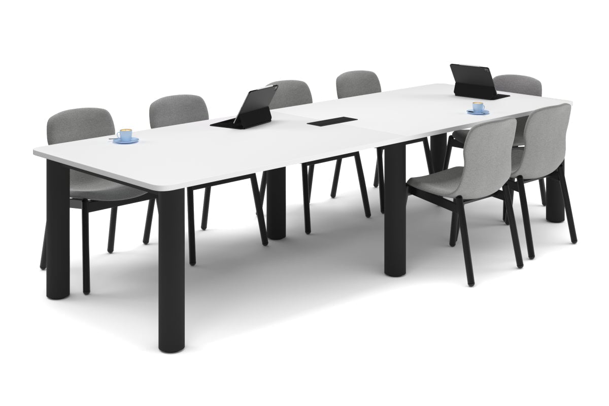 Quadro Cylinder Leg Modern Boardroom Rectangle Table - Rounded Corners [3200L x 1100W with Rounded Corners]-black leg white power box