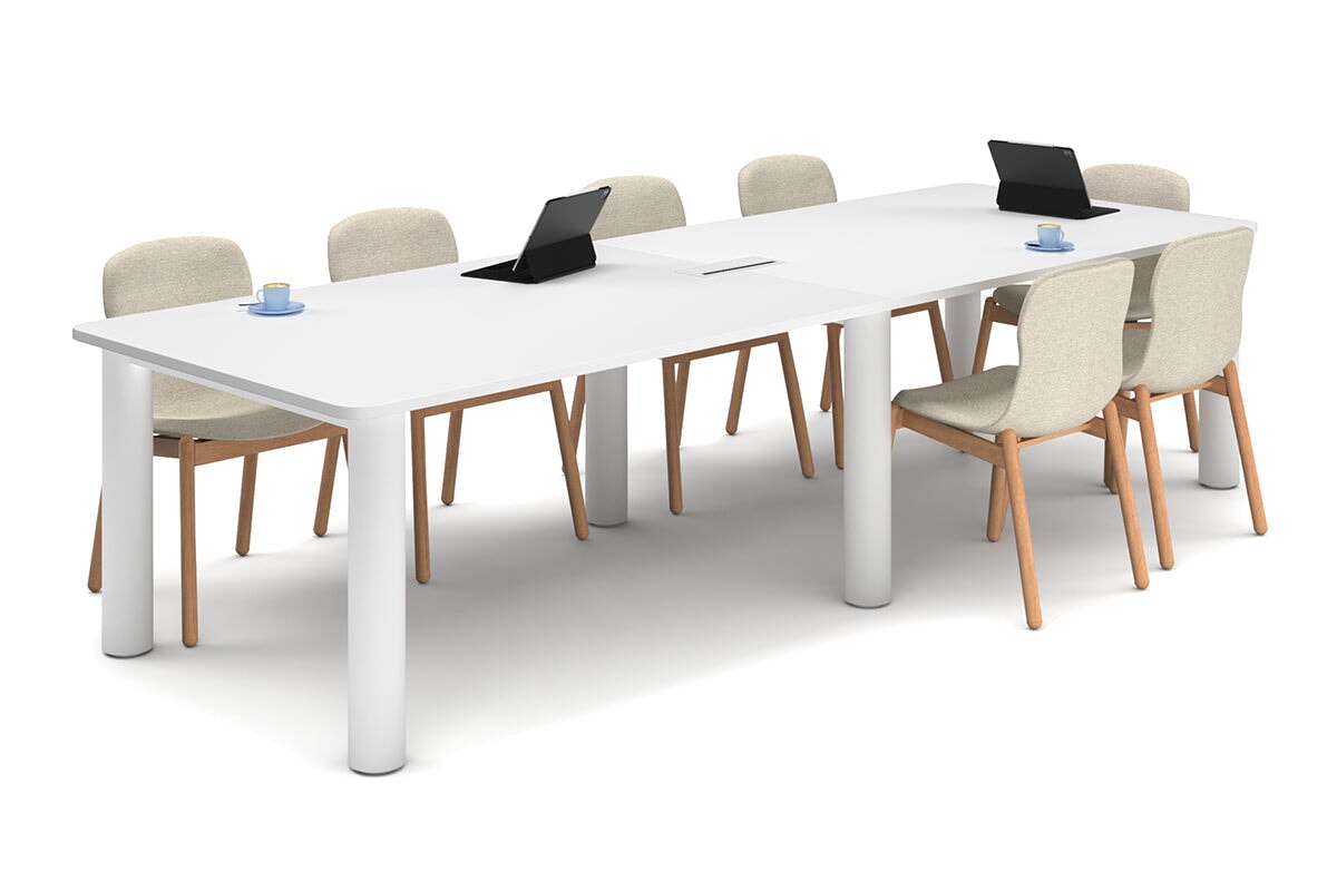 Quadro Cylinder Leg Modern Boardroom Rectangle Table - Rounded Corners [3200L x 1100W with Rounded Corners]-white leg white power box