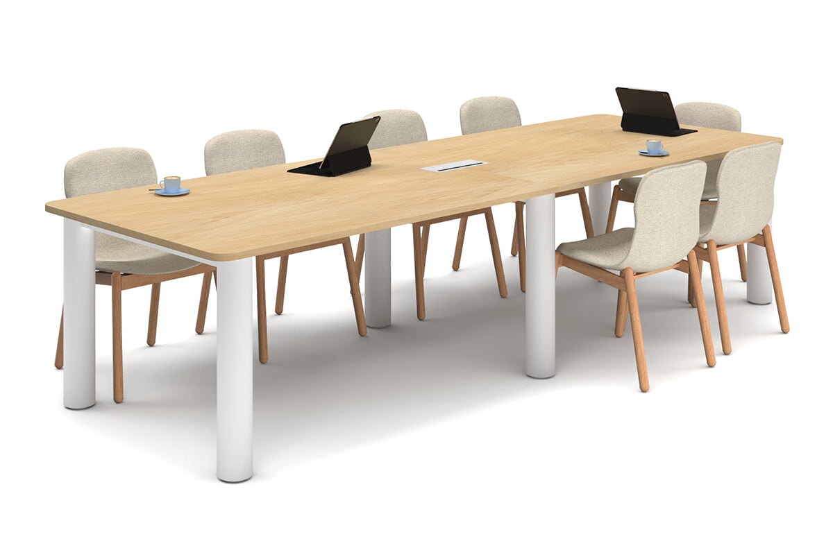 Quadro Cylinder Leg Modern Boardroom Rectangle Table - Rounded Corners [3200L x 1100W with Rounded Corners]-white leg maple power box
