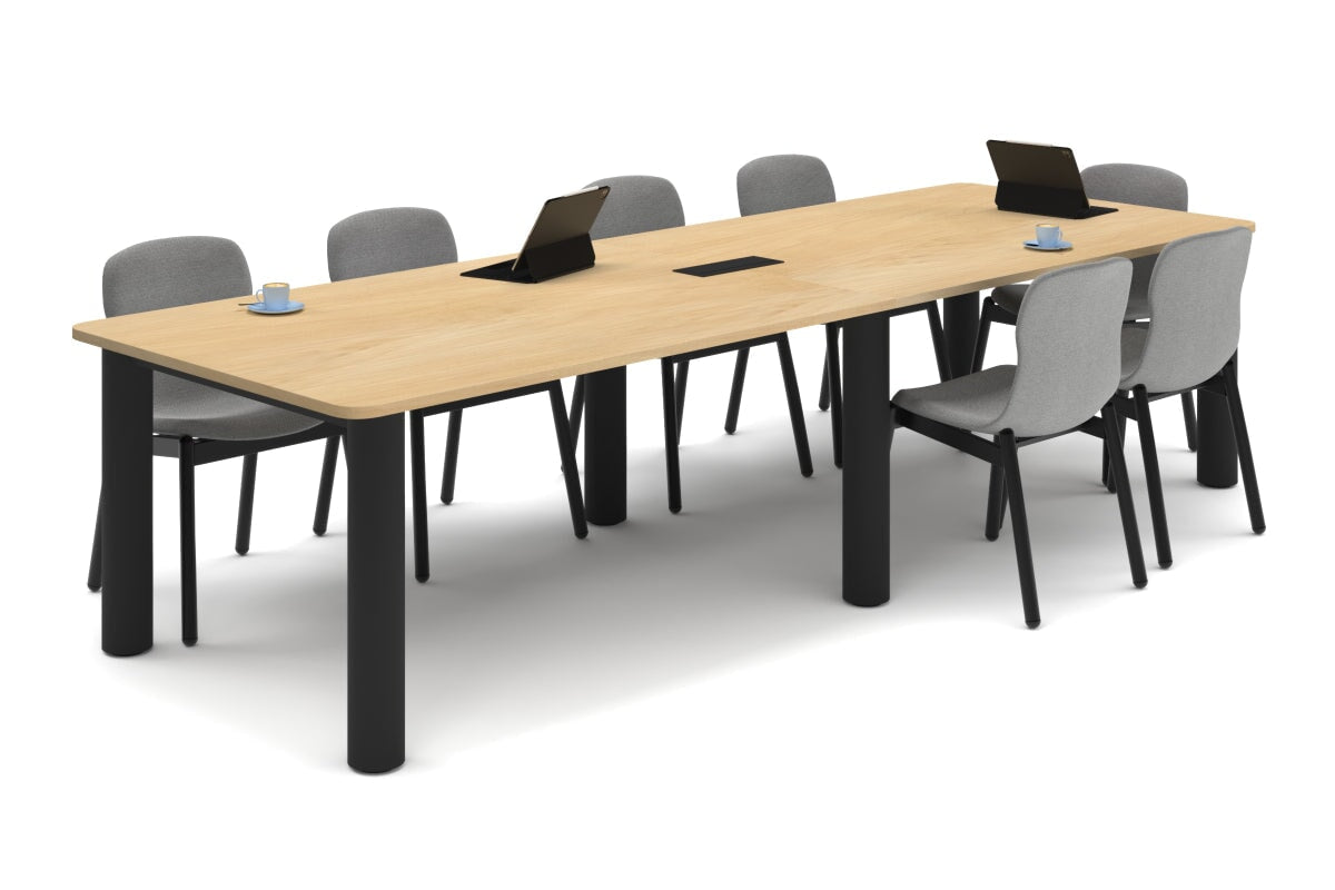 Quadro Cylinder Leg Modern Boardroom Rectangle Table - Rounded Corners [3200L x 1100W with Rounded Corners]-black leg maple power box