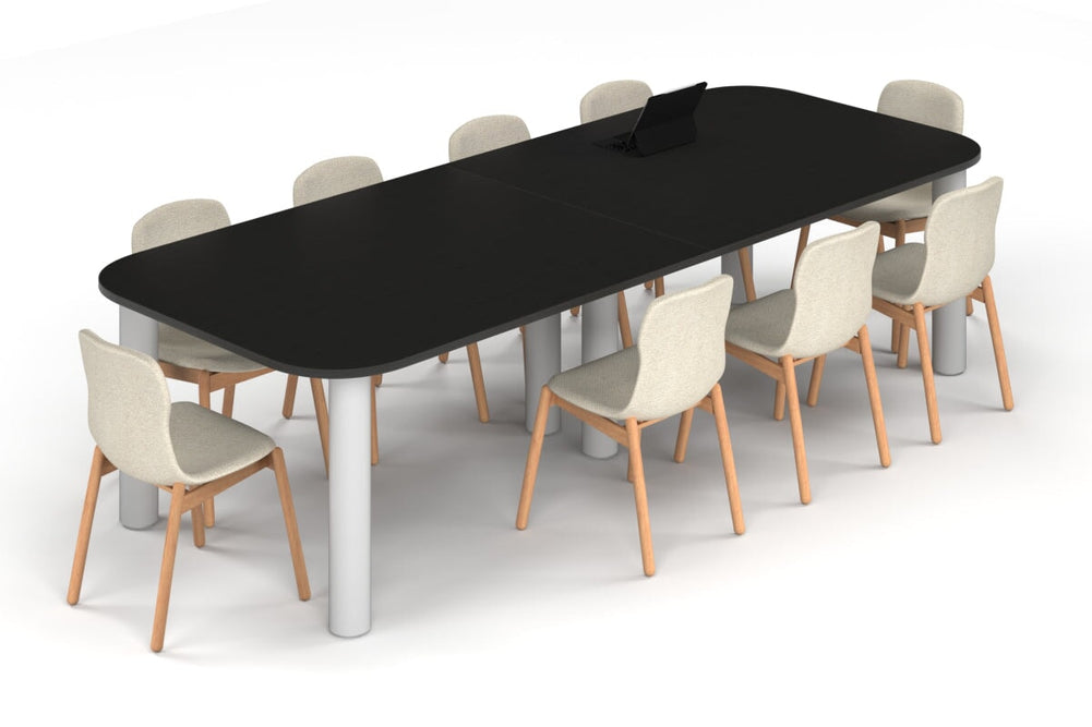 Quadro Cylinder Leg Modern Boardroom Table - Large Rounded Corners [3000L x 1200W with Large Rounded Corners]-white leg black wood grain 