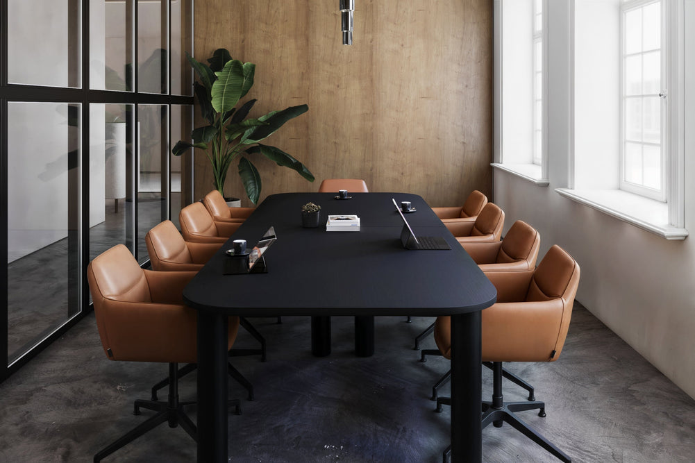 Quadro Cylinder Leg Modern Boardroom Table - Large Rounded Corners [3000L x 1200W with Large Rounded Corners]-black leg black wood grain 