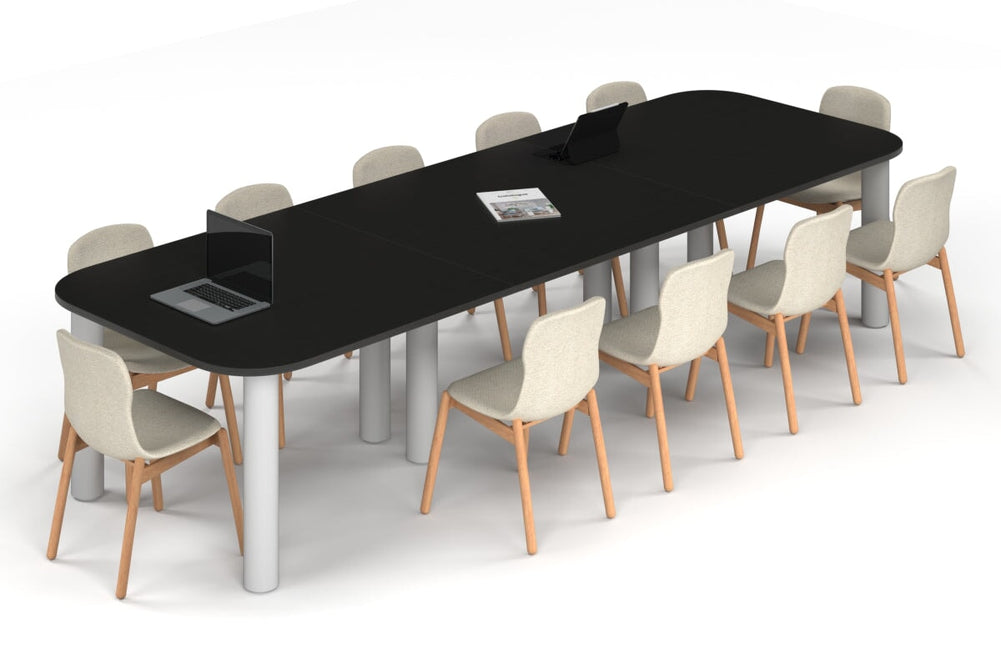Quadro Cylinder Leg Modern Boardroom Table - Large Rounded Corners [3600L x 1200W with Large Rounded Corners]-white leg black wood grain 