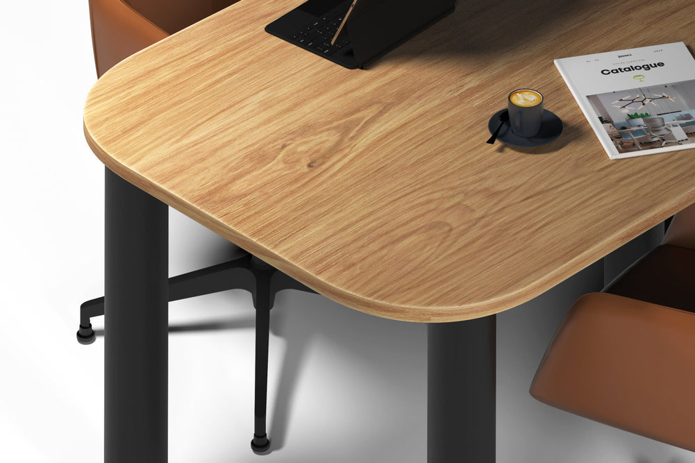 Quadro Cylinder Leg Modern Half Meeting Table - Large Rounded Corners [1500L x 1000W with Large Rounded Corners]-black leg black wood grain 