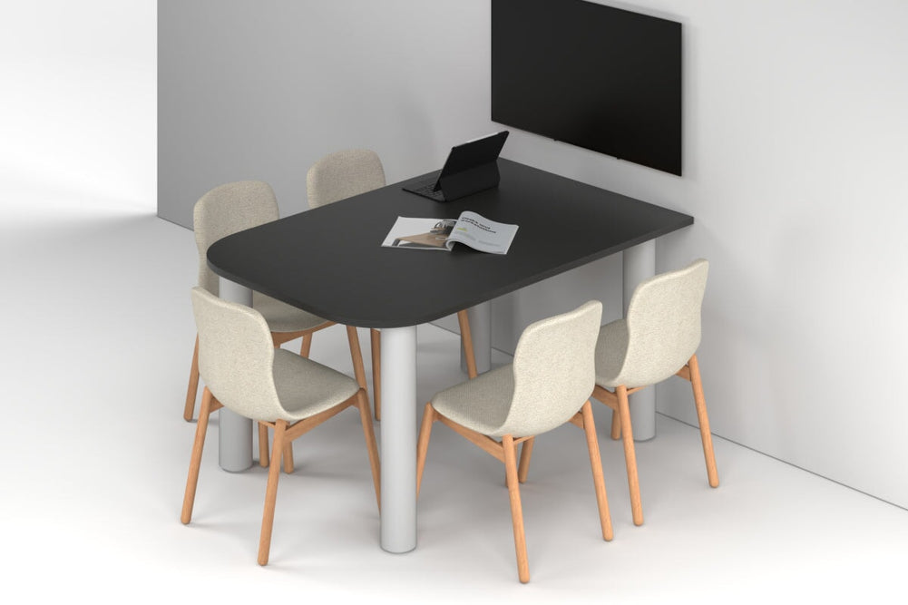Quadro Cylinder Leg Modern Half Meeting Table - Large Rounded Corners [1500L x 1000W with Large Rounded Corners]-white leg black wood grain 
