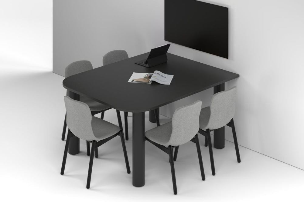 Quadro Cylinder Leg Modern Half Meeting Table - Large Rounded Corners [1500L x 1200W with Large Rounded Corners]-black leg black wood grain 