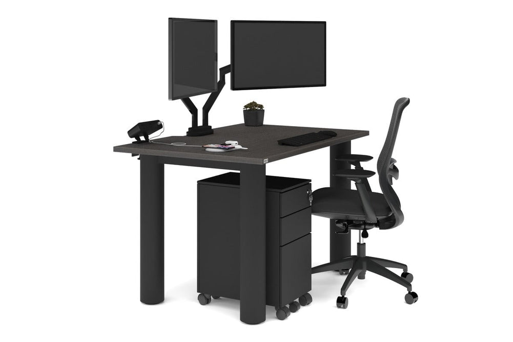 Quadro Cylinder Leg Office Desk [1400L x 800W with Cable Scallop]-black leg dark oak 