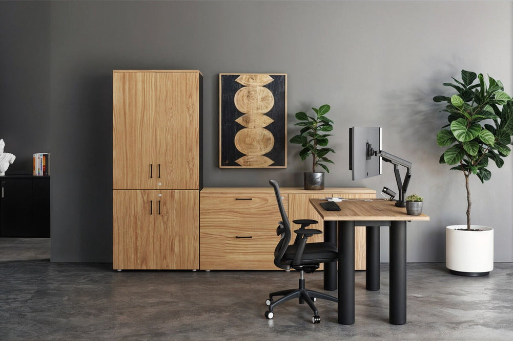 Quadro Cylinder Leg Office Desk [1600L x 800W with Cable Scallop]-black leg dark oak 