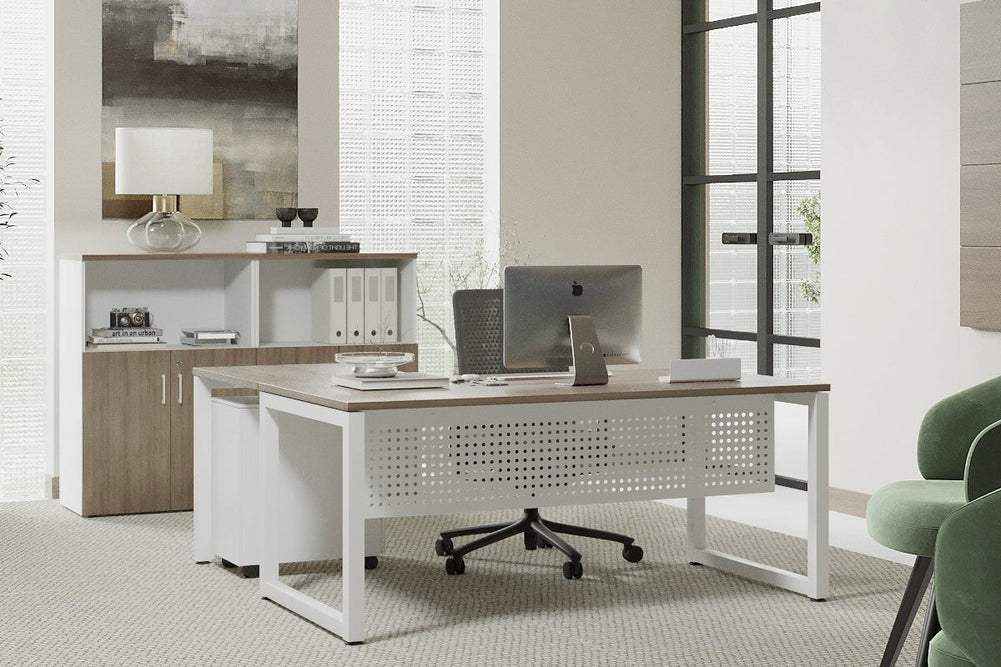 Quadro Loop Legs L-Shaped Corner Office Desk [1400L x 1450W]-black leg dark oak black modesty