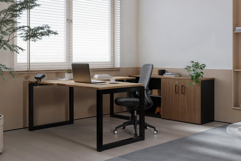 Quadro Loop Legs L-Shaped Executive Setting - Black Legs [1800L x 1800W with Cable Scallop]-dark oak sliding 2 door + open bookcase closed hutch