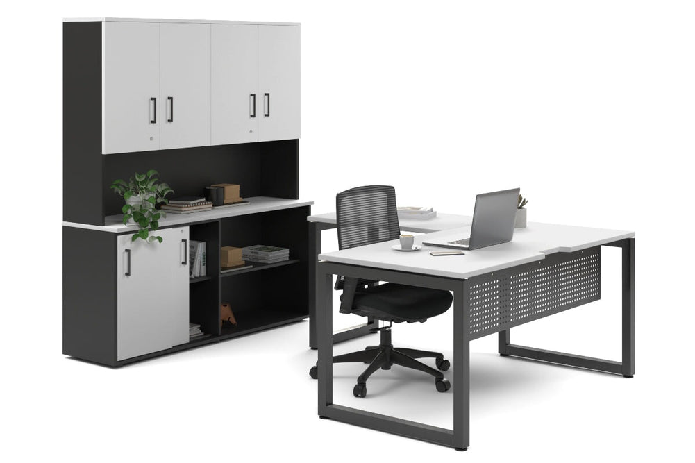 Quadro Loop Legs L-Shaped Executive Setting - Black Legs [1600L x 1700W]-white sliding 2 door + open bookcase closed hutch