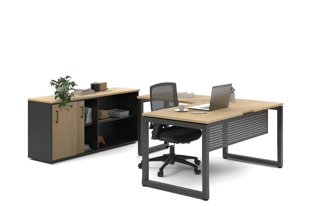 Quadro Loop Legs L-Shaped Executive Setting - Black Legs [1800L x 1800W with Cable Scallop]-maple sliding 2 door + open bookcase none