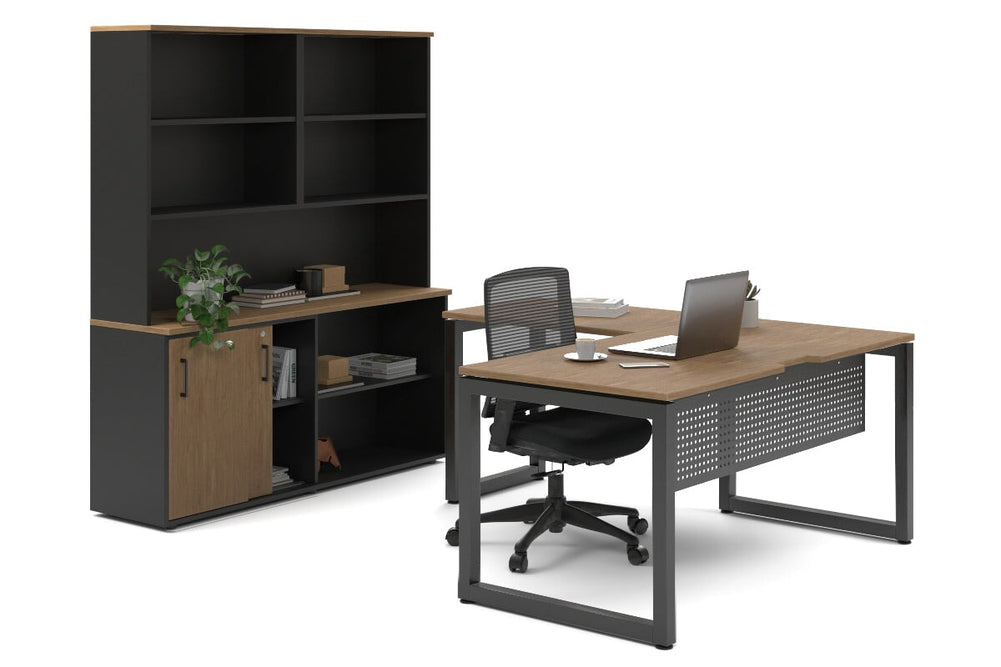 Quadro Loop Legs L-Shaped Executive Setting - Black Legs [1800L x 1800W with Cable Scallop]-salvage oak sliding 2 door + open bookcase open hutch