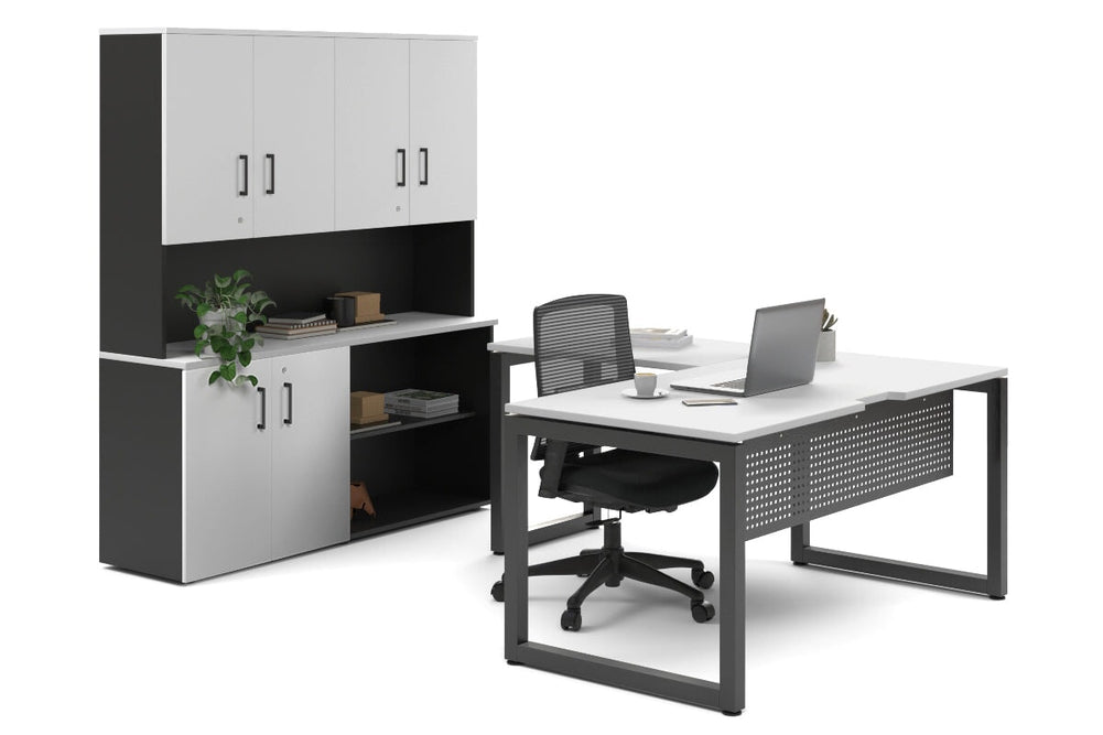 Quadro Loop Legs L-Shaped Executive Setting - Black Legs [1600L x 1700W]-white uniform 2 door + open bookcase closed hutch