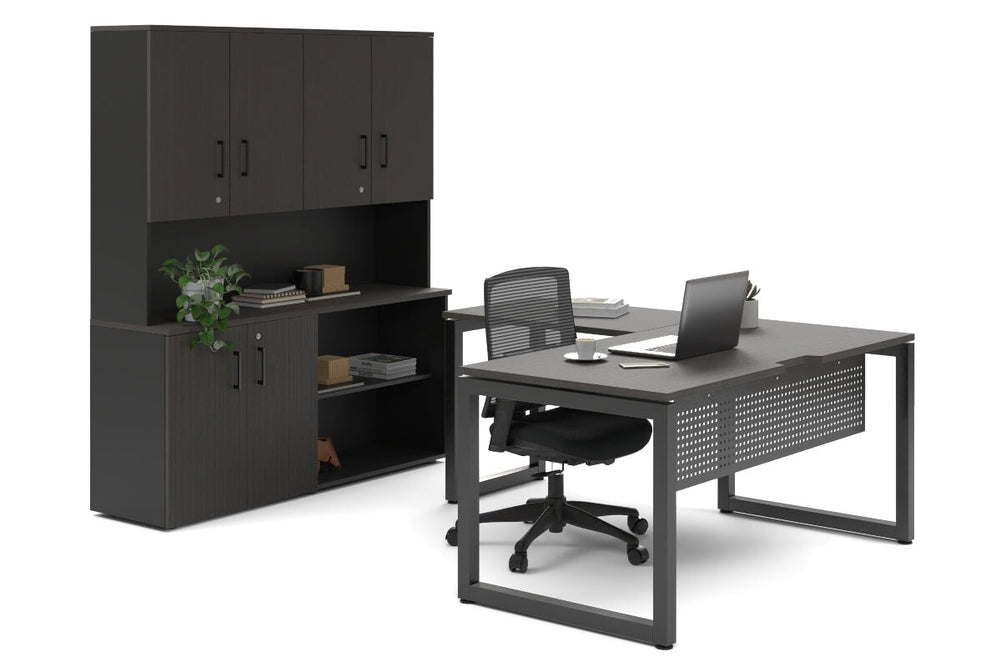 Quadro Loop Legs L-Shaped Executive Setting - Black Legs [1600L x 1700W]-dark oak uniform 2 door + open bookcase closed hutch