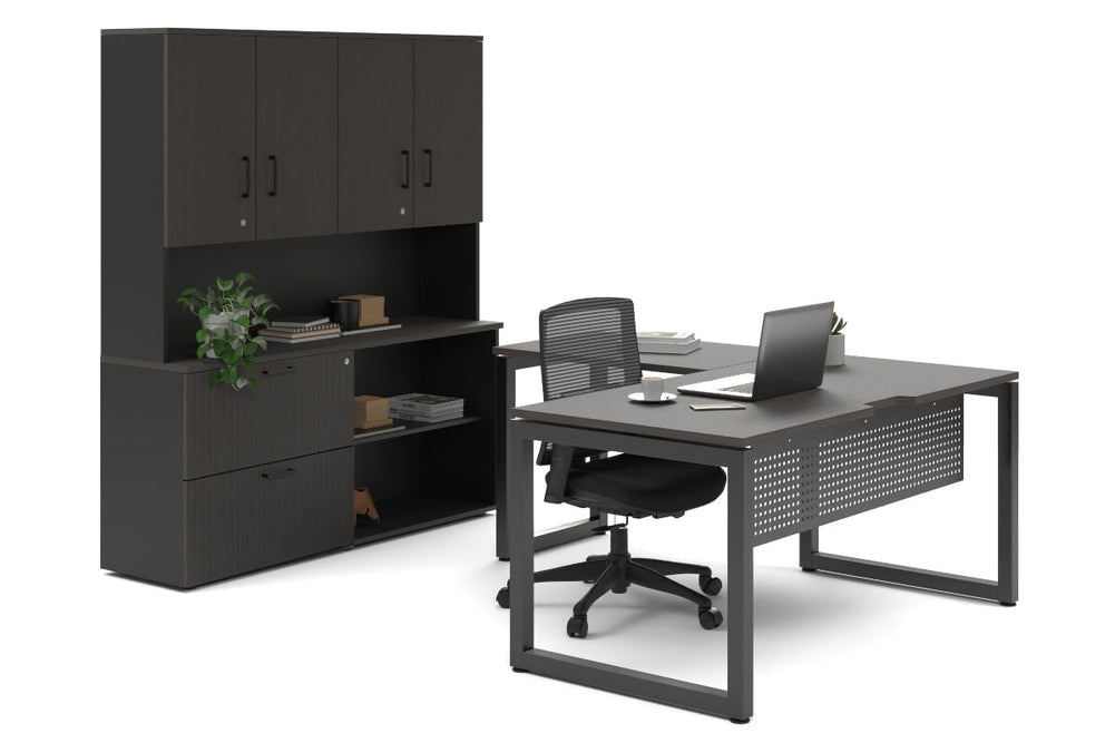 Quadro Loop Legs L-Shaped Executive Setting - Black Legs [1600L x 1800W with Cable Scallop]-dark oak lateral 2 drawer + open bookcase closed hutch