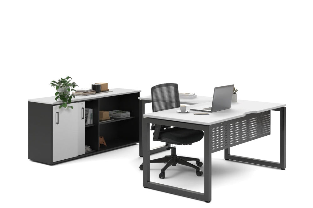 Quadro Loop Legs L-Shaped Executive Setting - Black Legs [1600L x 1800W with Cable Scallop]-white sliding 2 door + open bookcase none