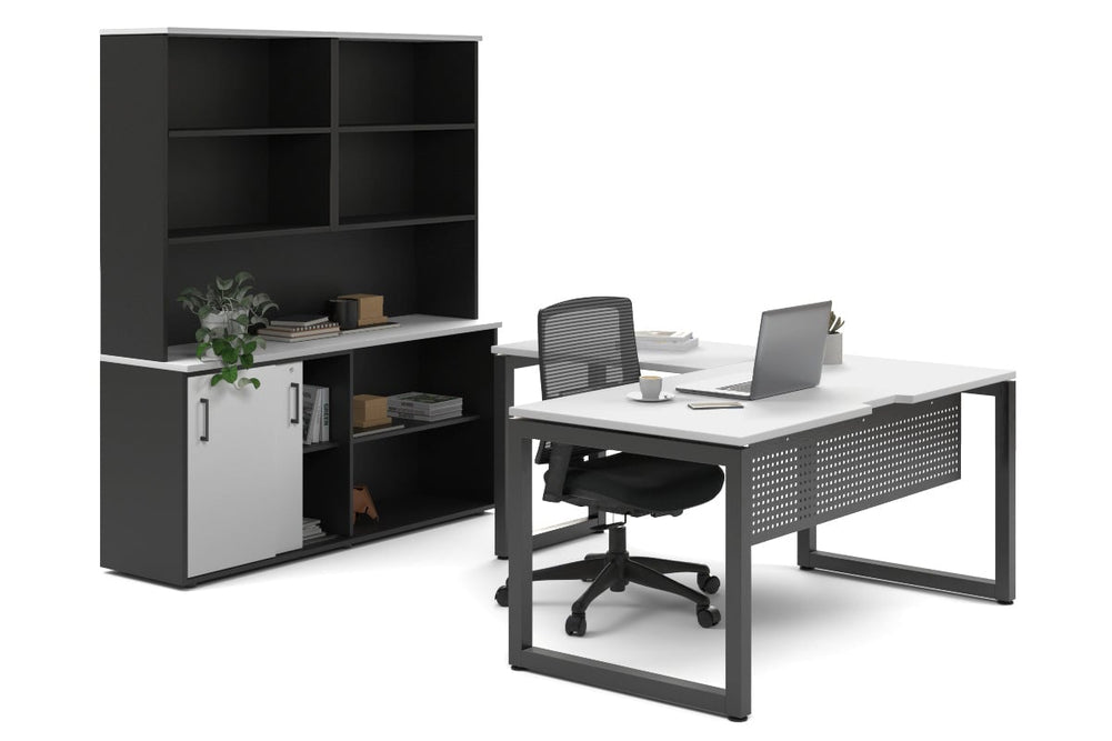 Quadro Loop Legs L-Shaped Executive Setting - Black Legs [1600L x 1800W with Cable Scallop]-white sliding 2 door + open bookcase open hutch