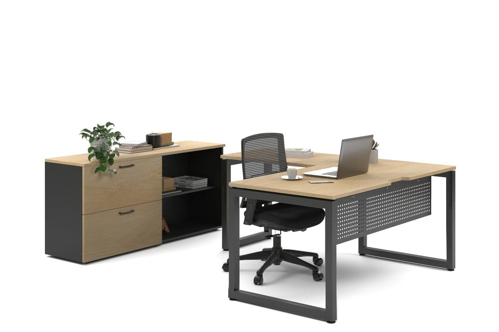 Quadro Loop Legs L-Shaped Executive Setting - Black Legs [1800L x 1800W with Cable Scallop]-maple lateral 2 drawer + open bookcase none