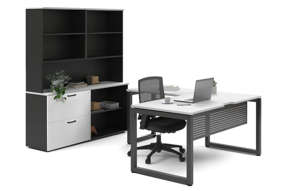 Quadro Loop Legs L-Shaped Executive Setting - Black Legs [1600L x 1800W with Cable Scallop]-white lateral 2 drawer + open bookcase open hutch