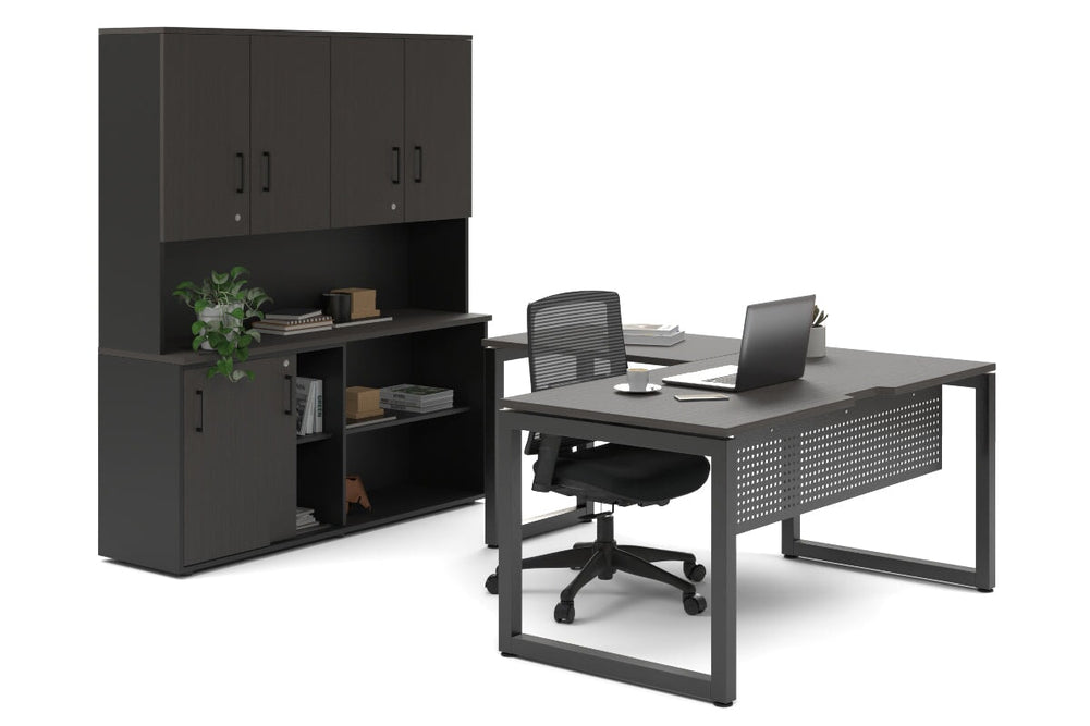 Quadro Loop Legs L-Shaped Executive Setting - Black Legs [1600L x 1800W with Cable Scallop]-dark oak sliding 2 door + open bookcase closed hutch