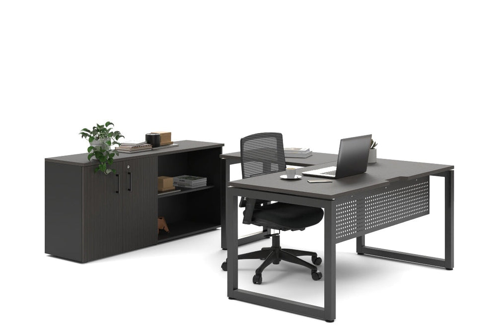 Quadro Loop Legs L-Shaped Executive Setting - Black Legs [1600L x 1800W with Cable Scallop]-dark oak uniform 2 door + open bookcase none