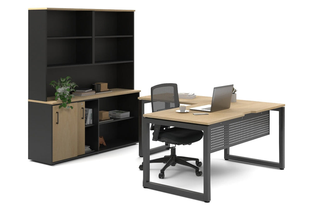 Quadro Loop Legs L-Shaped Executive Setting - Black Legs [1800L x 1800W with Cable Scallop]-maple sliding 2 door + open bookcase open hutch