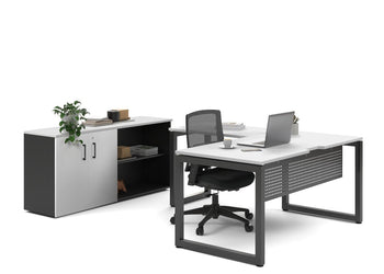 Quadro Loop Legs L-Shaped Executive Setting - Black Legs [1600L x 1800W with Cable Scallop] Jasonl white uniform 2 door + open bookcase none