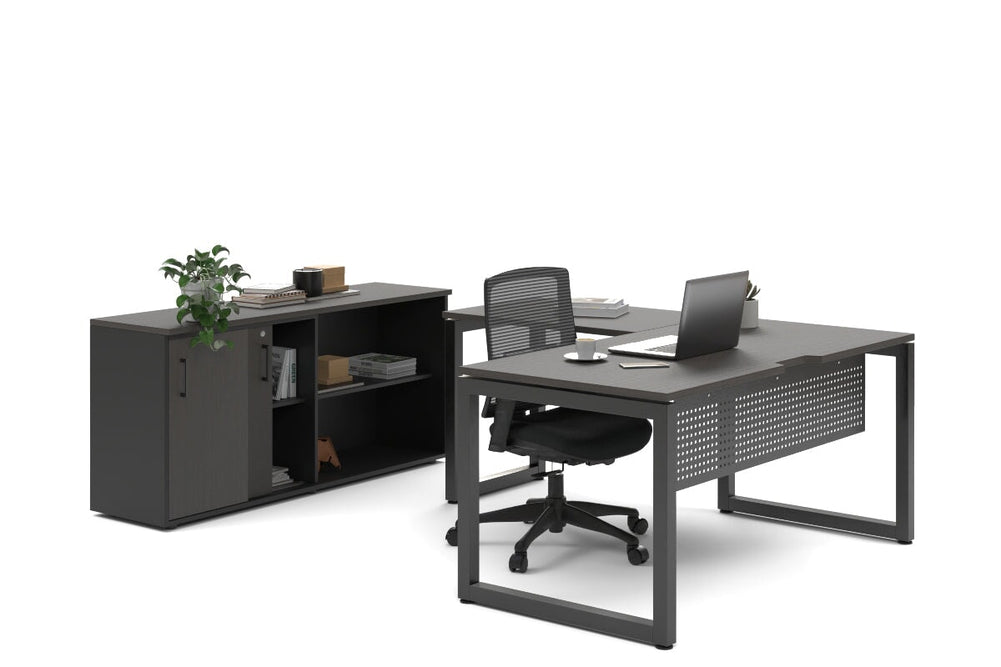Quadro Loop Legs L-Shaped Executive Setting - Black Legs [1600L x 1800W with Cable Scallop]-dark oak sliding 2 door + open bookcase none