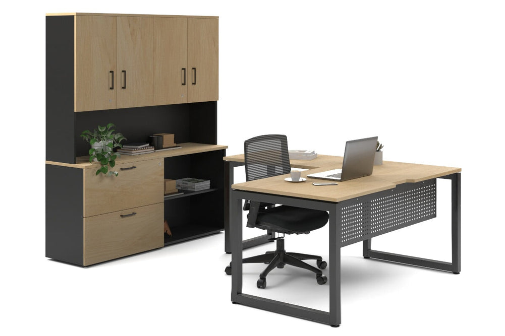 Quadro Loop Legs L-Shaped Executive Setting - Black Legs [1800L x 1800W with Cable Scallop]-maple sliding 2 door + open bookcase closed hutch