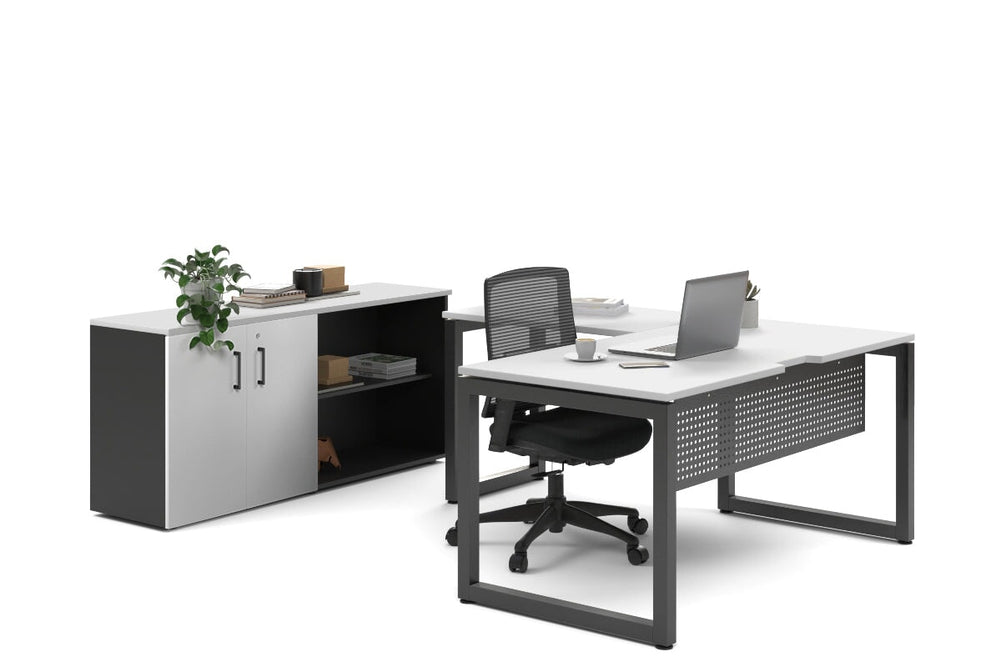 Quadro Loop Legs L-Shaped Executive Setting - Black Legs [1800L x 1800W with Cable Scallop]-white uniform 2 door + open bookcase none