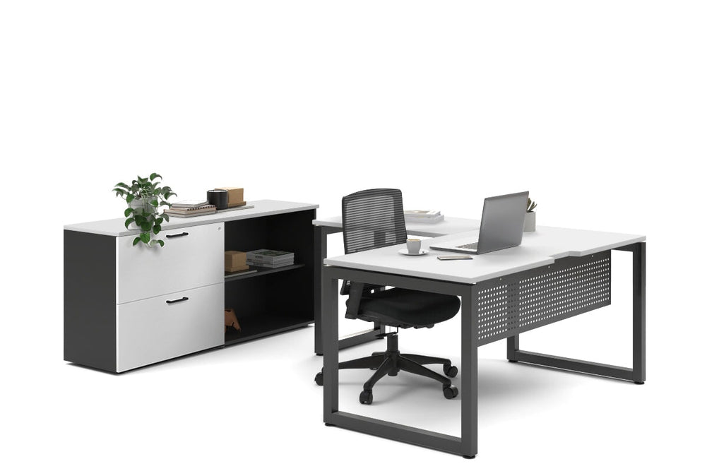Quadro Loop Legs L-Shaped Executive Setting - Black Legs [1800L x 1800W with Cable Scallop]-white lateral 2 drawer + open bookcase none