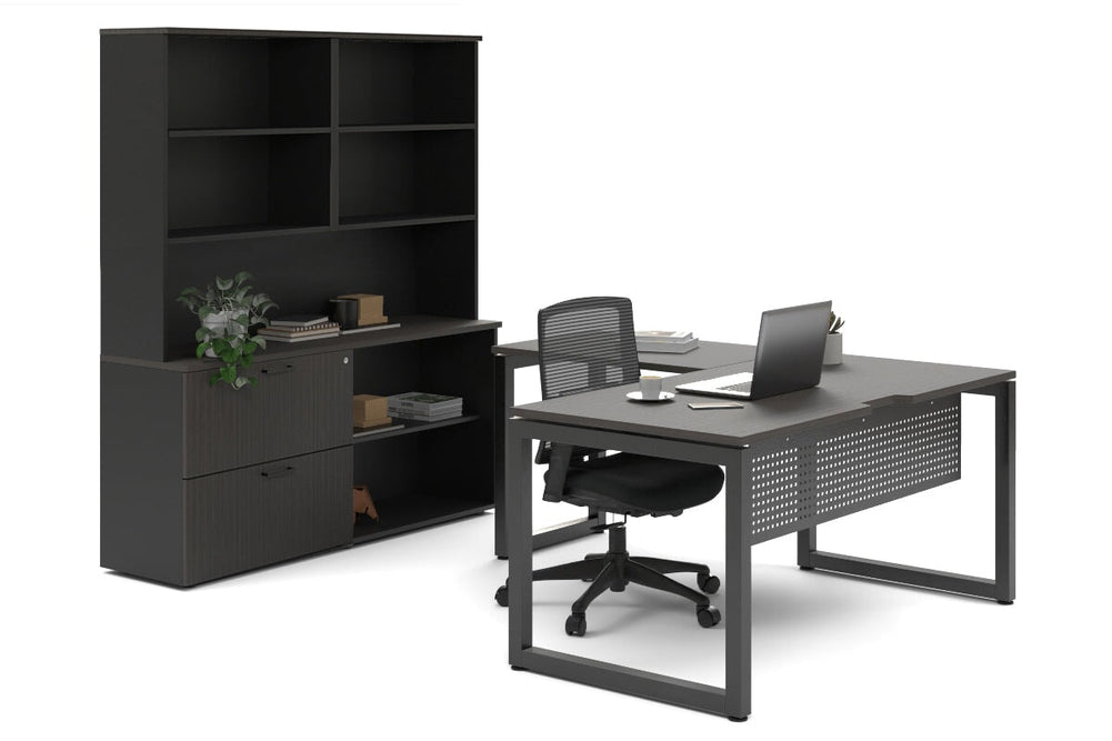 Quadro Loop Legs L-Shaped Executive Setting - Black Legs [1800L x 1800W with Cable Scallop]-dark oak lateral 2 drawer + open bookcase open hutch