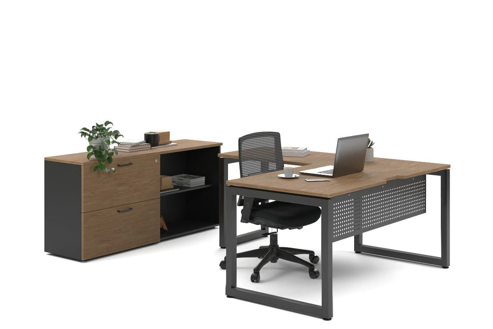 Quadro Loop Legs L-Shaped Executive Setting - Black Legs [1800L x 1800W with Cable Scallop]-salvage oak lateral 2 drawer + open bookcase none
