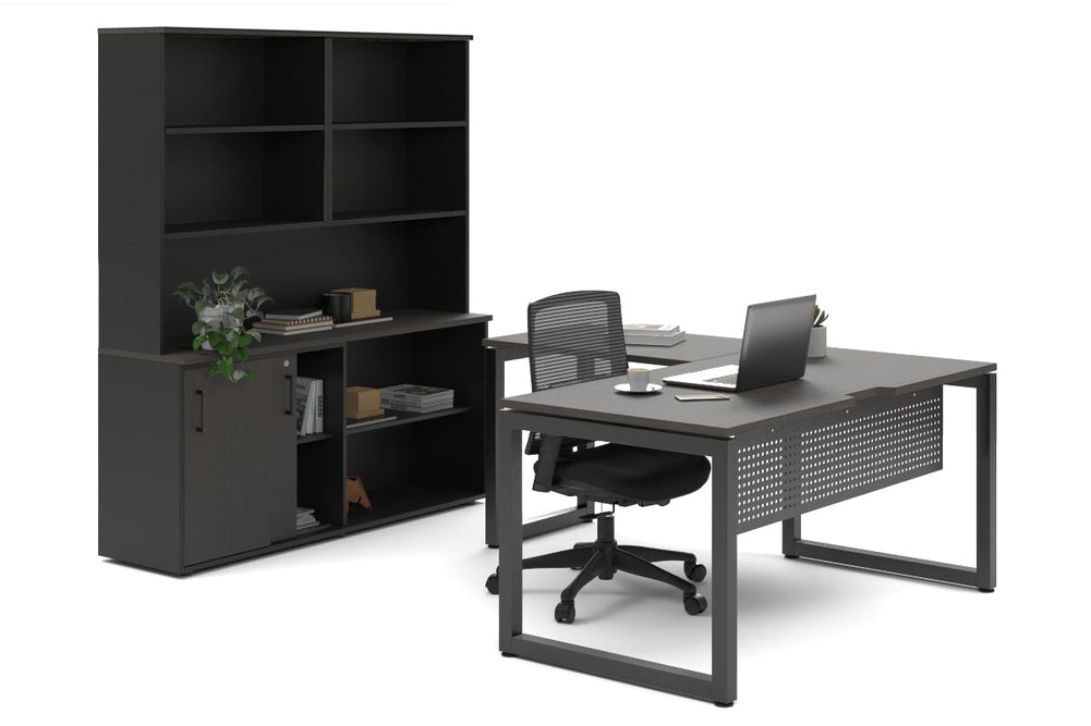 Quadro Loop Legs L-Shaped Executive Setting - Black Legs [1800L x 1800W with Cable Scallop]-dark oak sliding 2 door + open bookcase open hutch