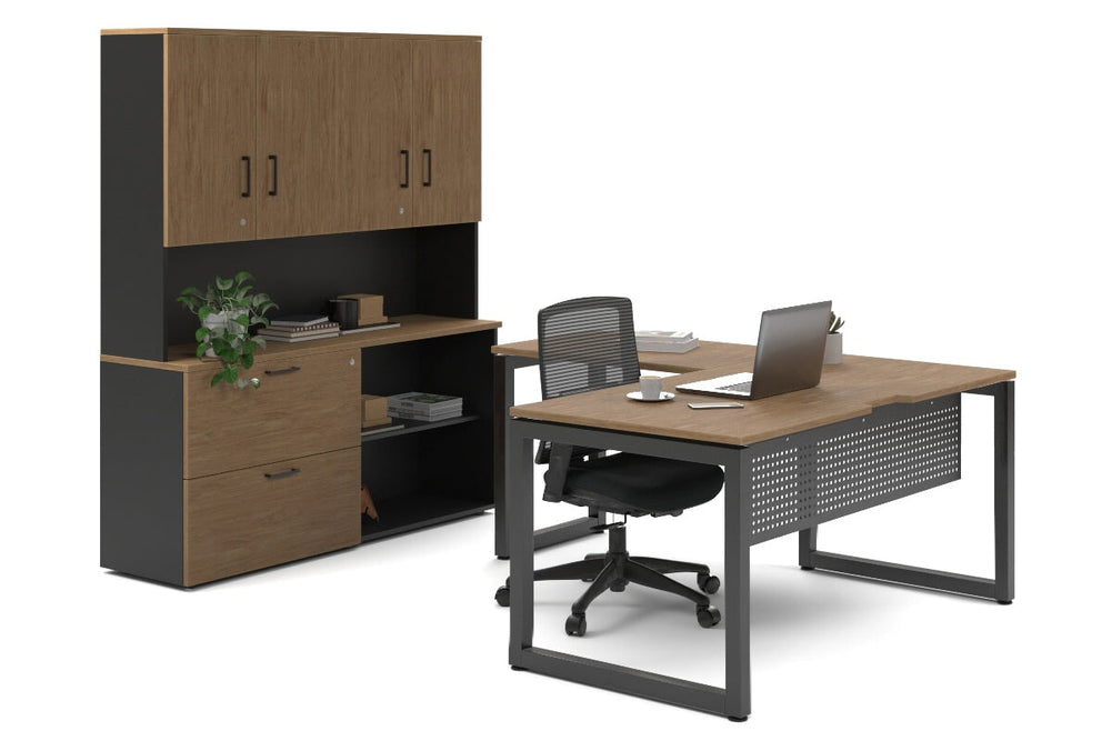 Quadro Loop Legs L-Shaped Executive Setting - Black Legs [1800L x 1800W with Cable Scallop]-salvage oak lateral 2 drawer + open bookcase closed hutch