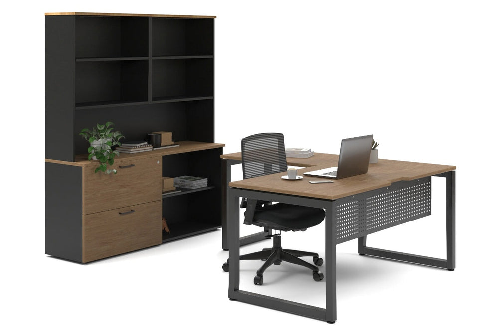Quadro Loop Legs L-Shaped Executive Setting - Black Legs [1800L x 1800W with Cable Scallop]-salvage oak lateral 2 drawer + open bookcase open hutch