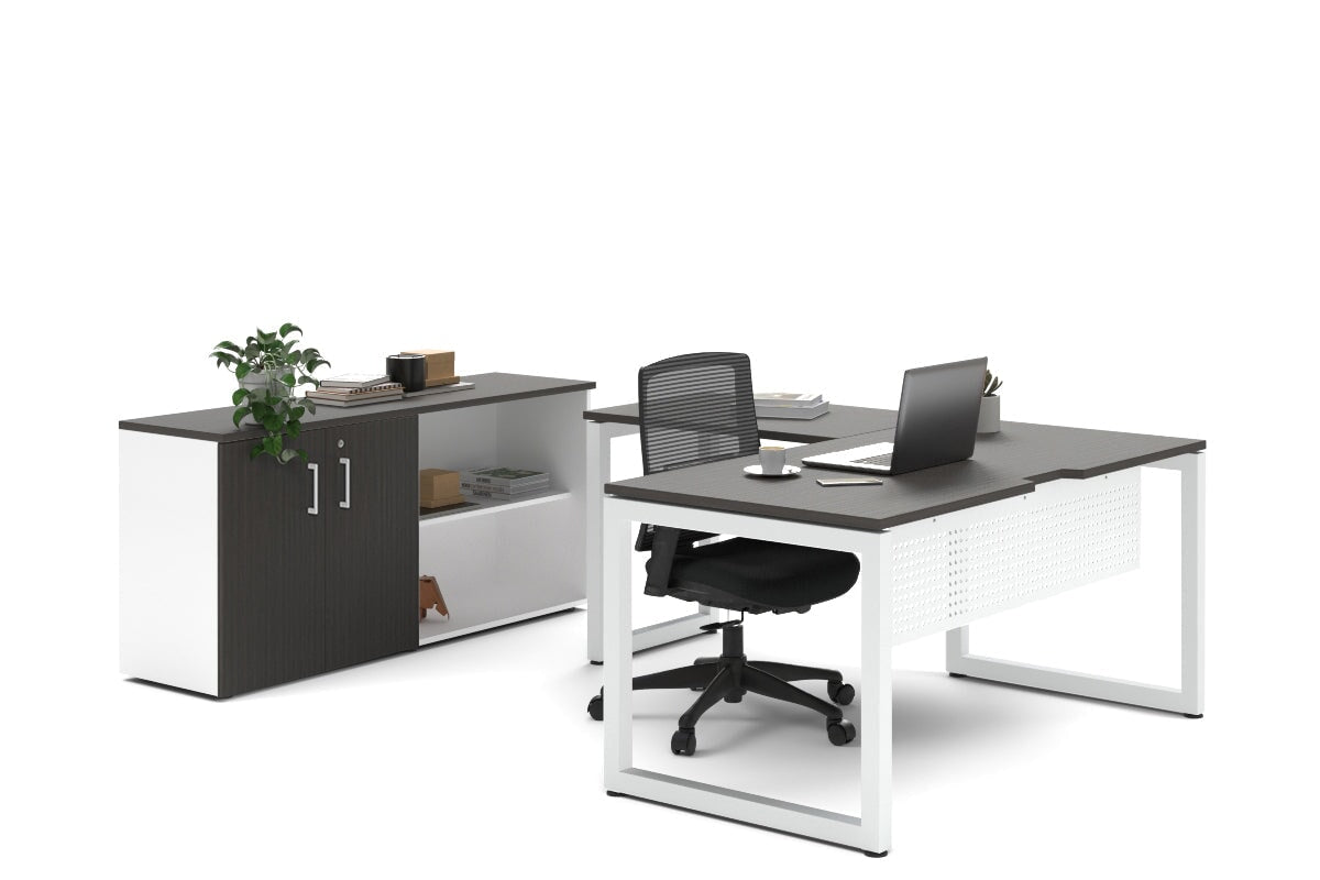 Quadro Loop Legs L-Shaped Executive Setting - White Legs [1600L x 1700W]-dark oak uniform 2 door + open bookcase none